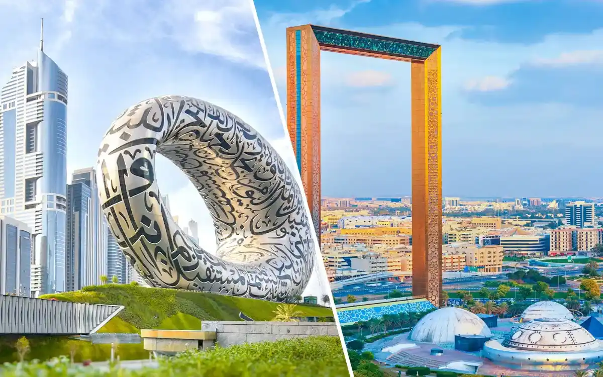 دبی کی ڈھانچہ، سنہری اور آئینے جیسی شکل میں سورج کے غروب کی روشنی میں۔